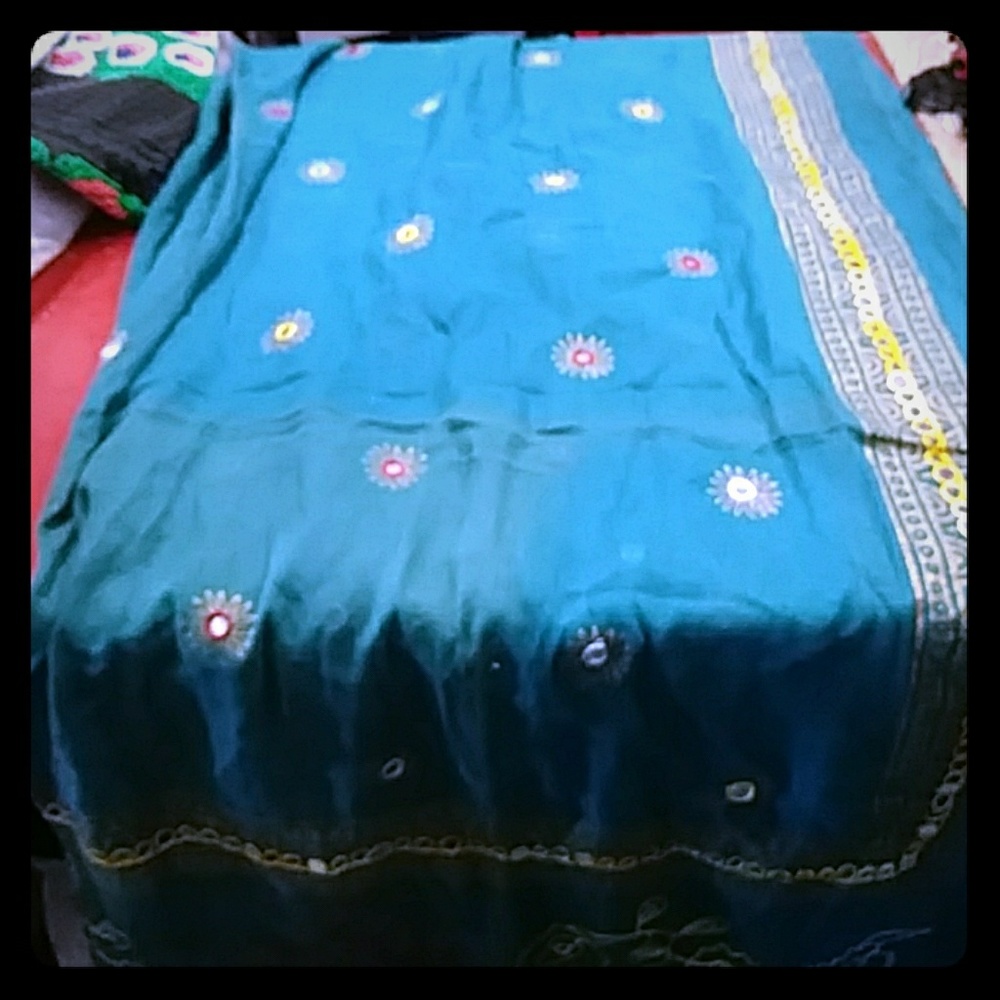 Embroidered Indian Wrap Scarf- Teal